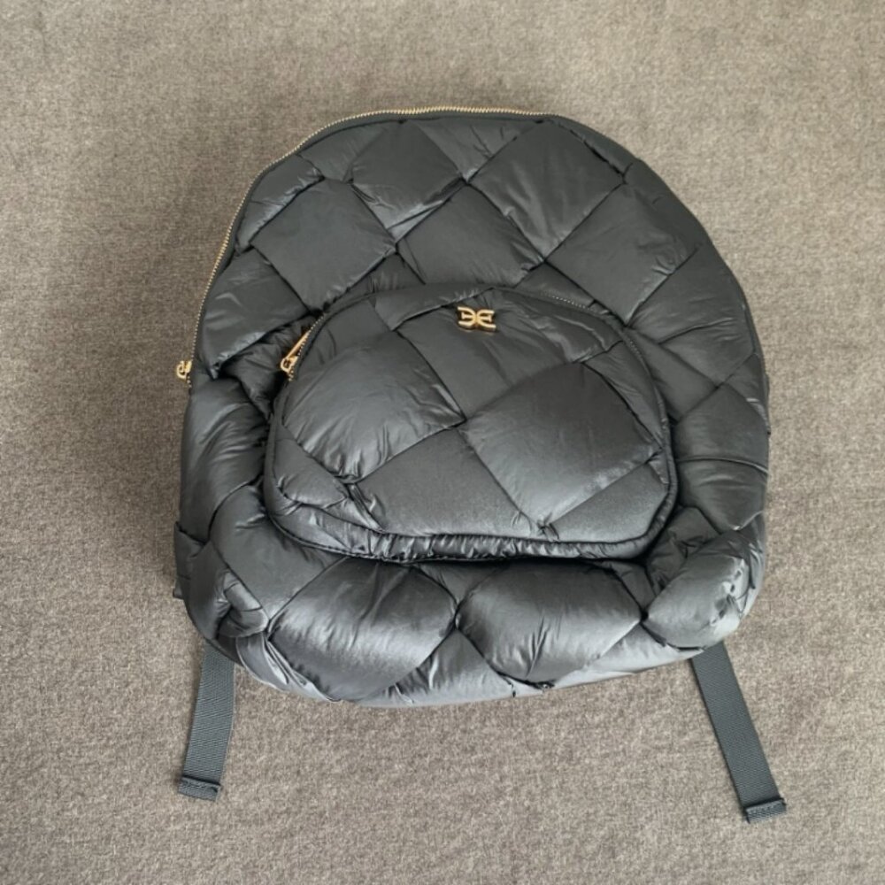 Sam Edelman Jianna Woven Nylon Large Backpack Black/Gold Padded Puffer Bag